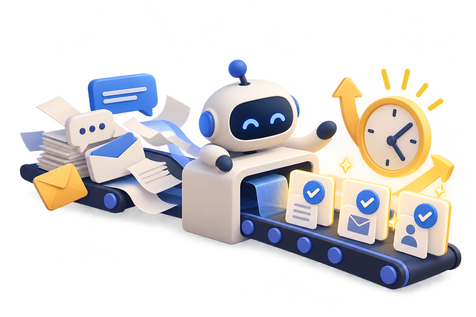 Ilustración de un robot de inteligencia artificial que convierte correos, mensajes y documentos en tareas resueltas en una cinta transportadora, junto a un reloj que marca el tiempo ahorrado.