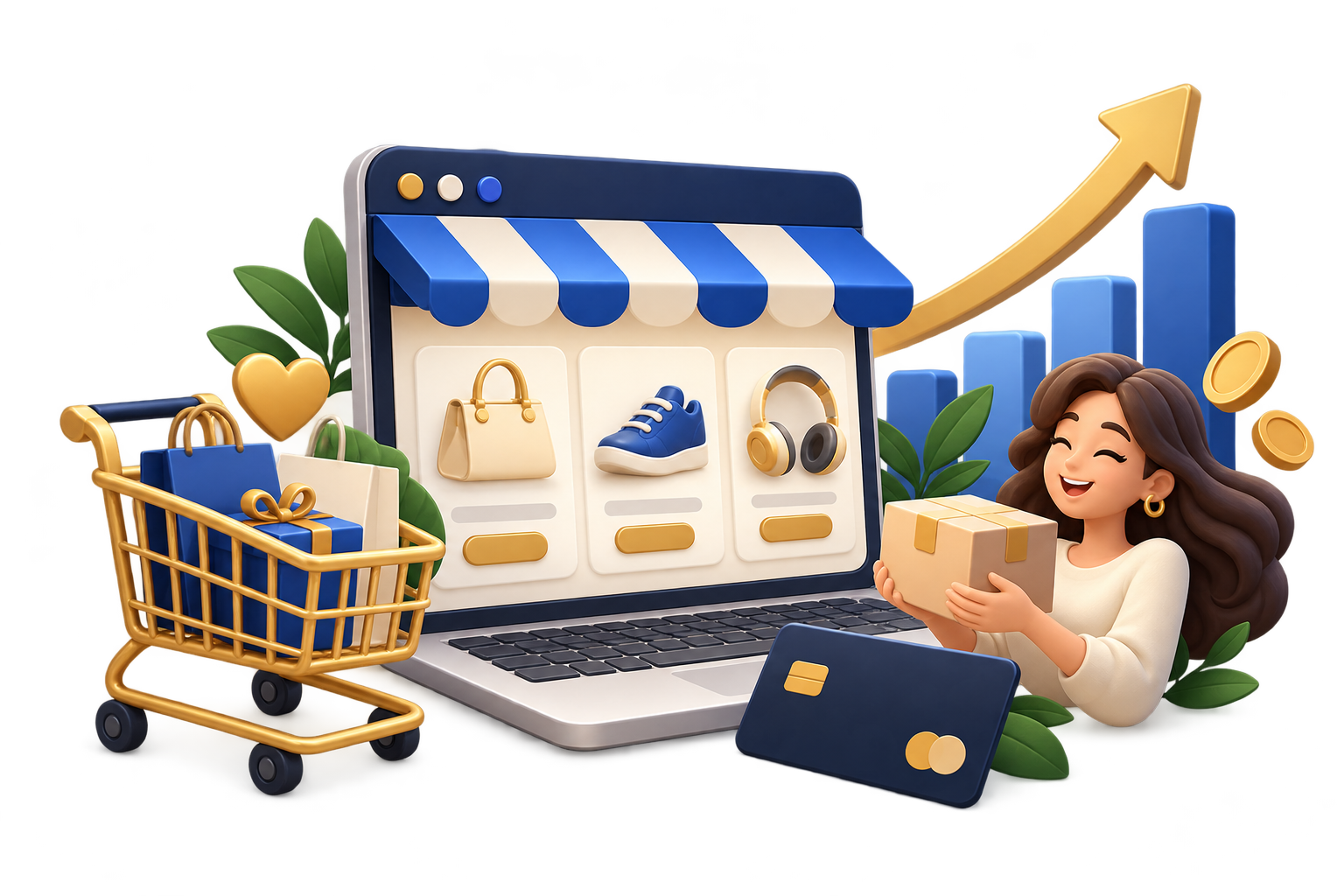 Ilustración de una tienda online en un portátil, con carrito de compra, tarjeta de pago y una clienta sonriente con su pedido.
