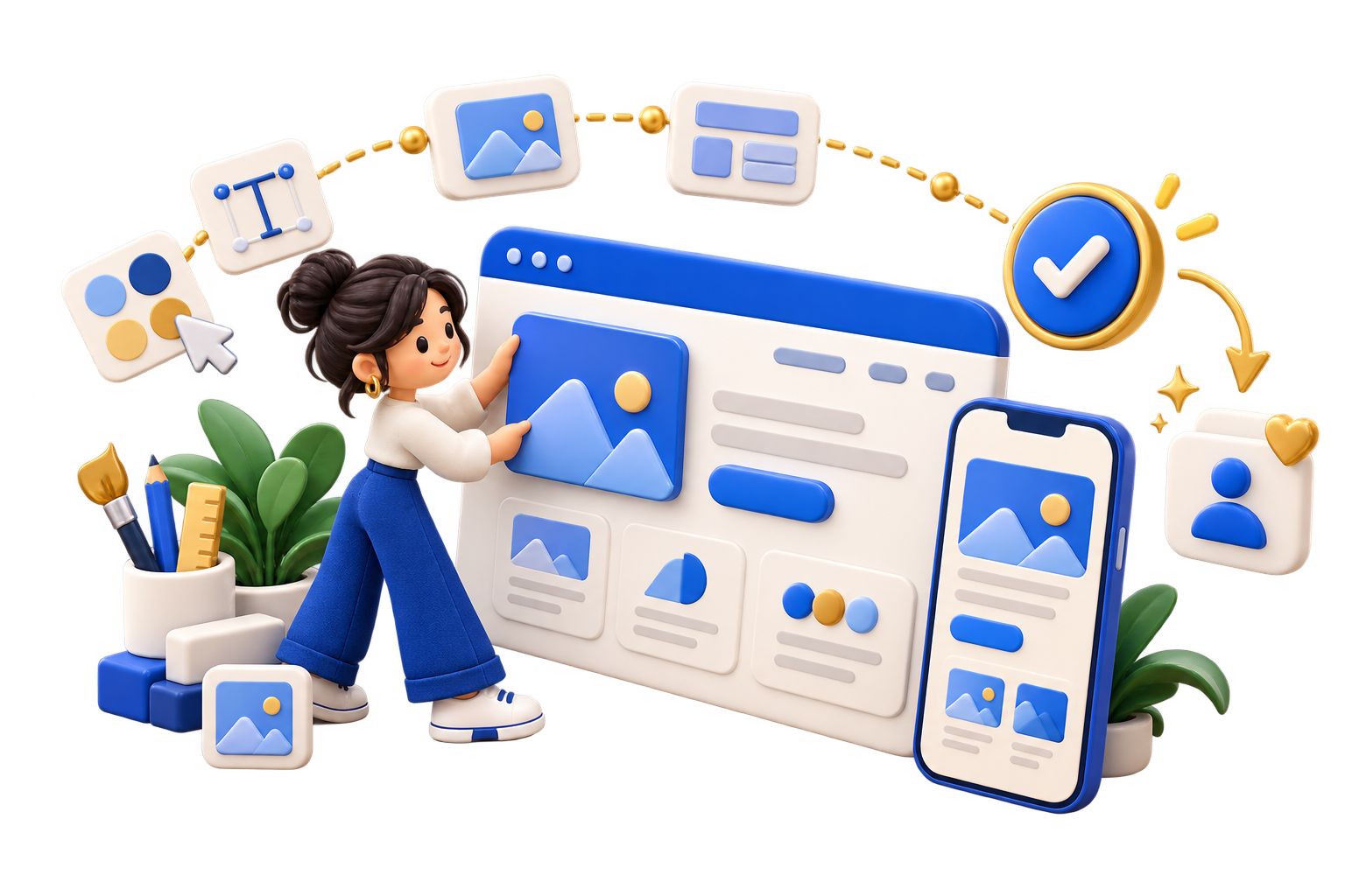 Ilustración de una diseñadora componiendo una web y su versión móvil, rodeada de los colores, la tipografía y las imágenes del sistema de diseño.